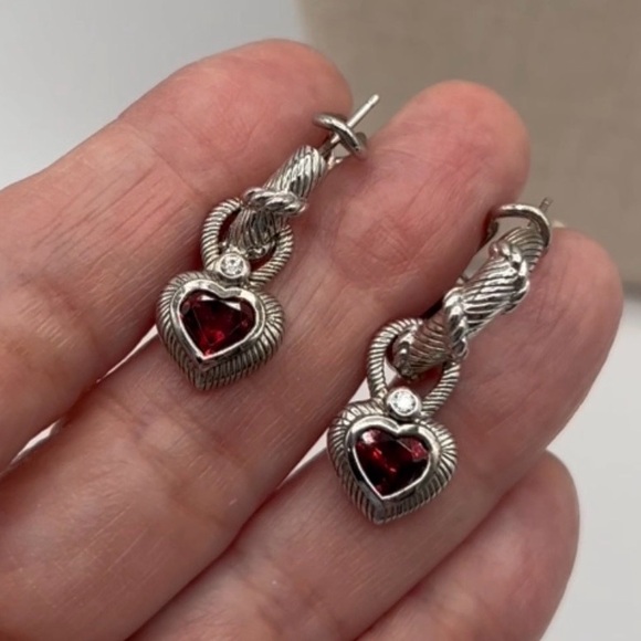 Judith Ripka Jewelry - Judith Ripka Sterling Silver 925 Red CZ Heart Charm Hoop Earrings